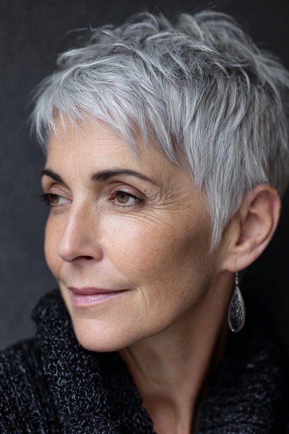 Silver pixie swept back for women over 70