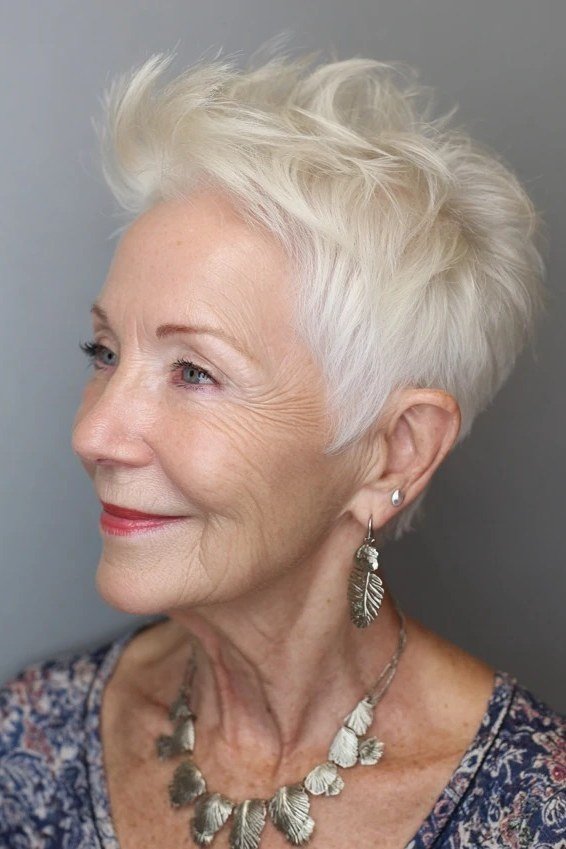 White cropped pixie with soft texture - trendy short haircut for older women with fine hair