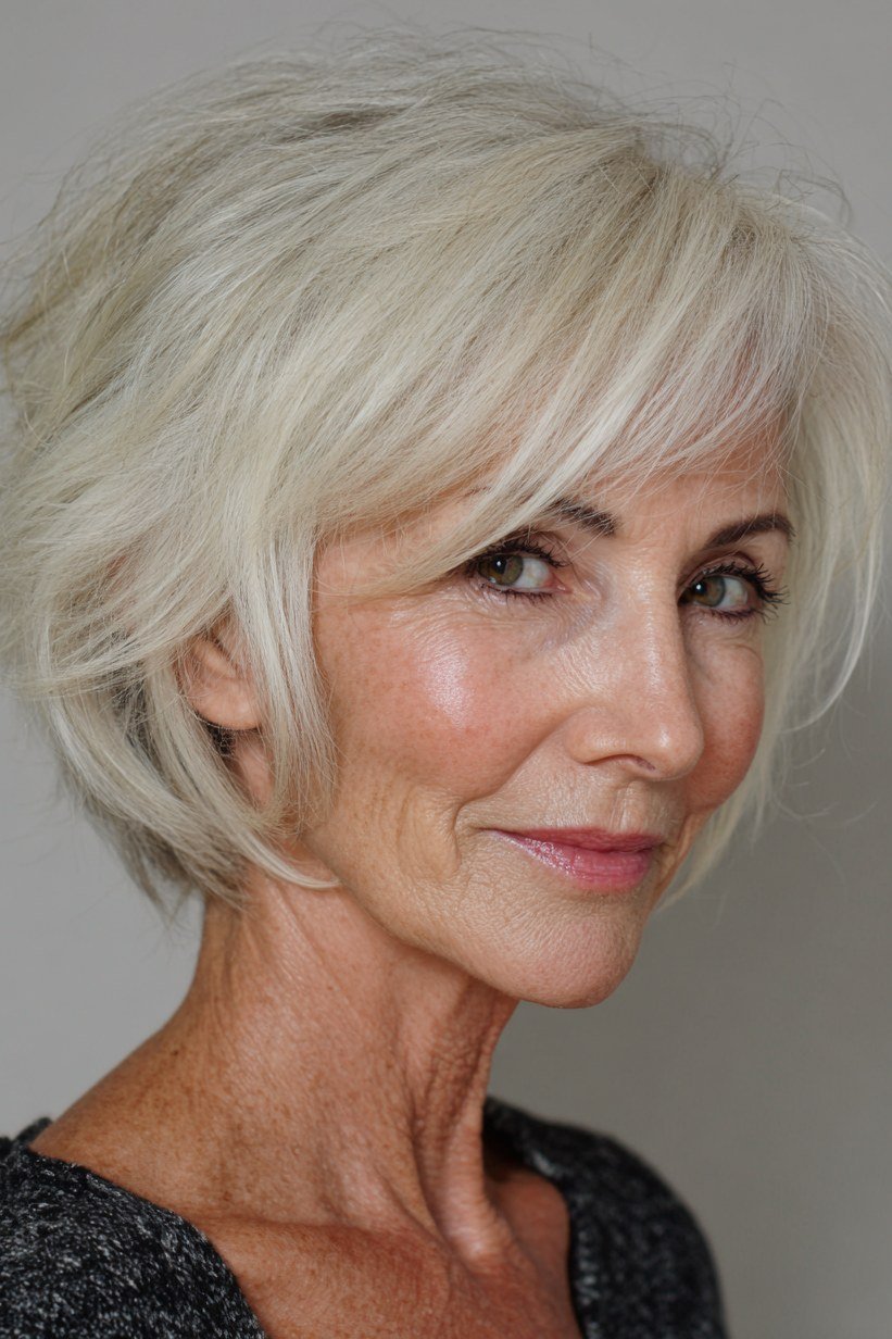 Platinum shaggy bob, side view, woman in her 60s