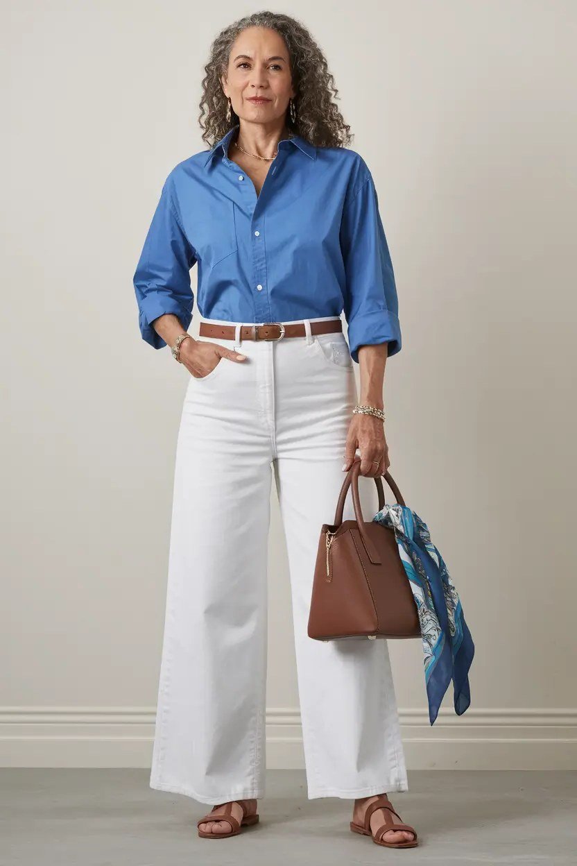 Blue Button-Down Shirt With White Wide-Leg Trousers, smart casual outfit for women over 50