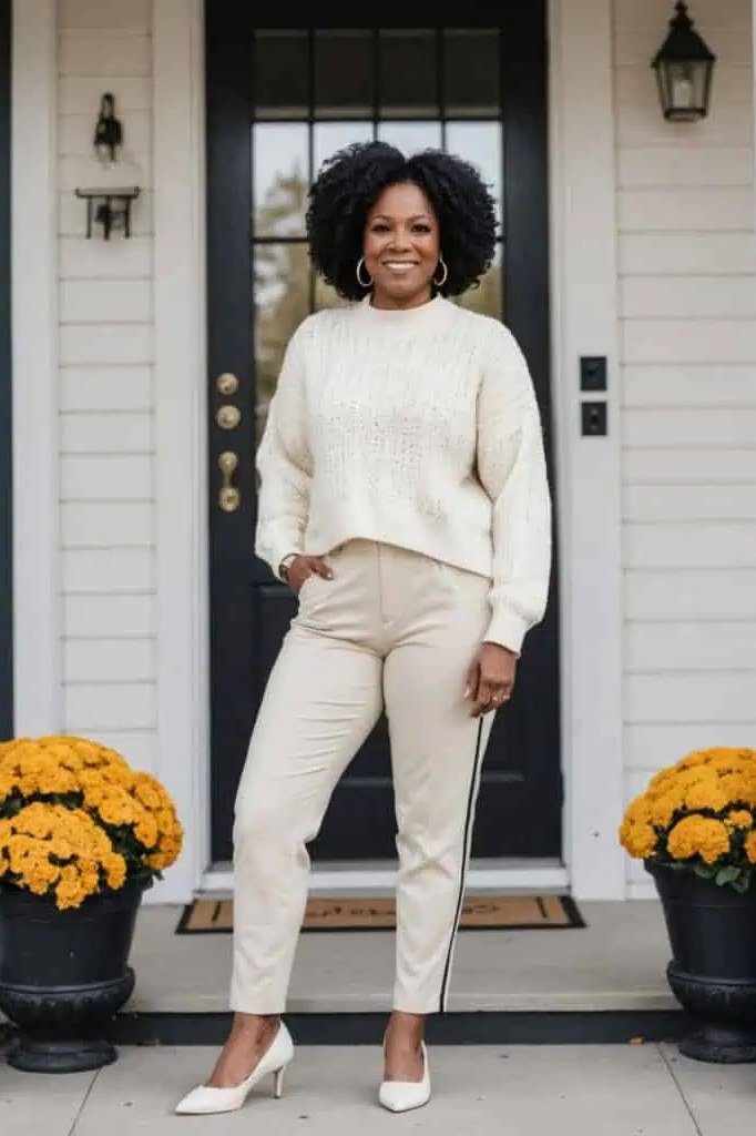 white cable knit with cream trousers fall outfit for women over 60