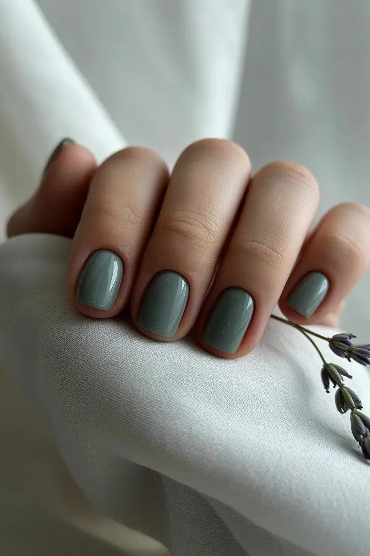 Matte Sage Green Short Nails - fall nail color idea for women over 60