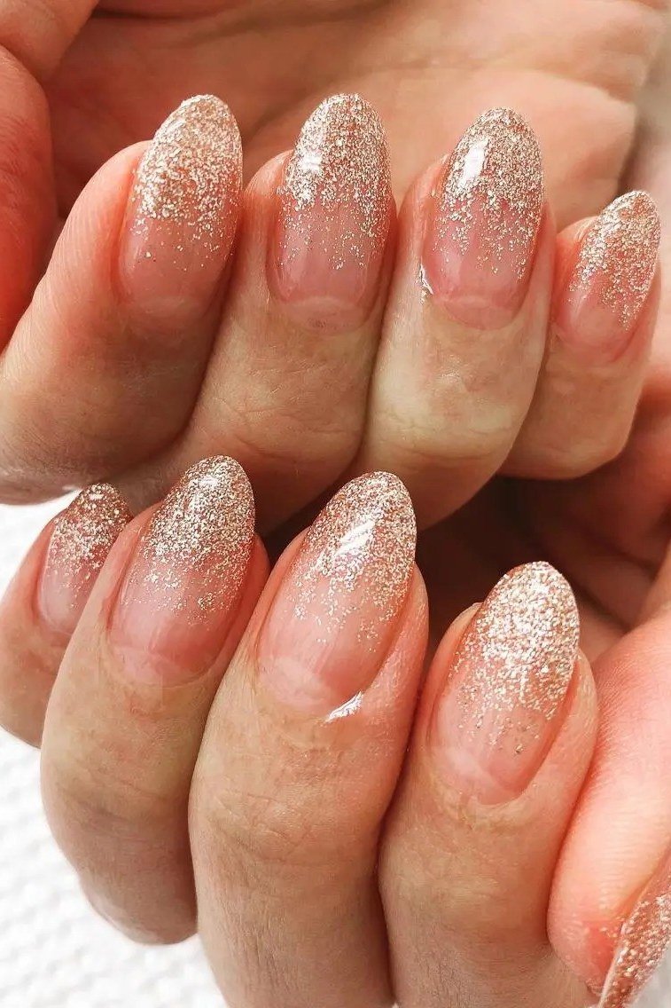 Gold Glitter Ombre Almond Nails - gold glitter ombre almond, glitter winter nail design for women over 60
