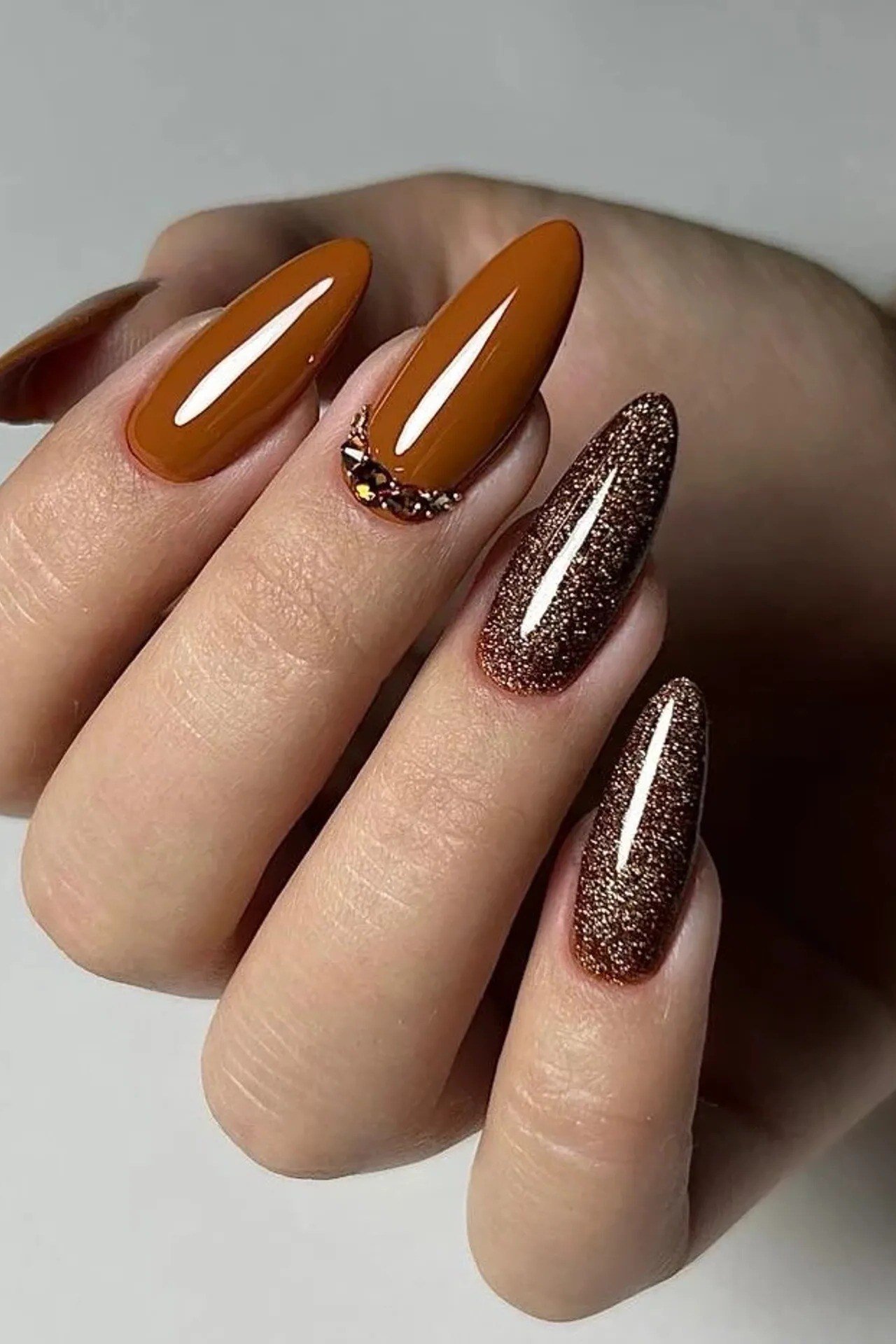 Burnt Orange Glossy Nails with Brown Glitter, chocolate brown fall nail design for women over 60