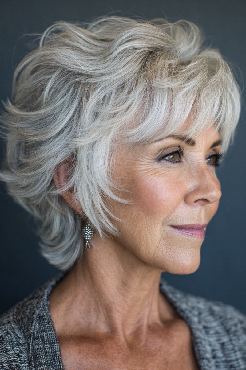 wispy silver shag pixie haircut with bangs for older women