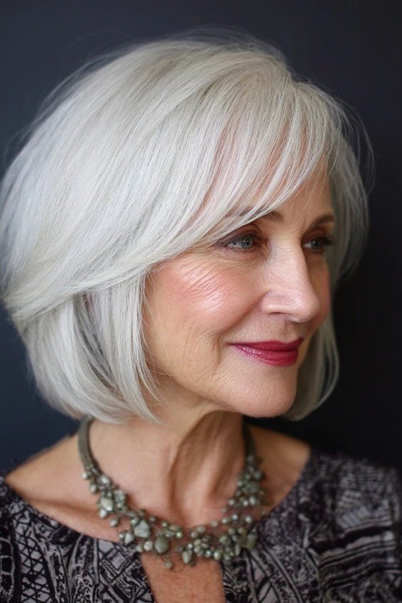 White chin-length bob with soft bangs, front, timeless hairstyle for women over 70