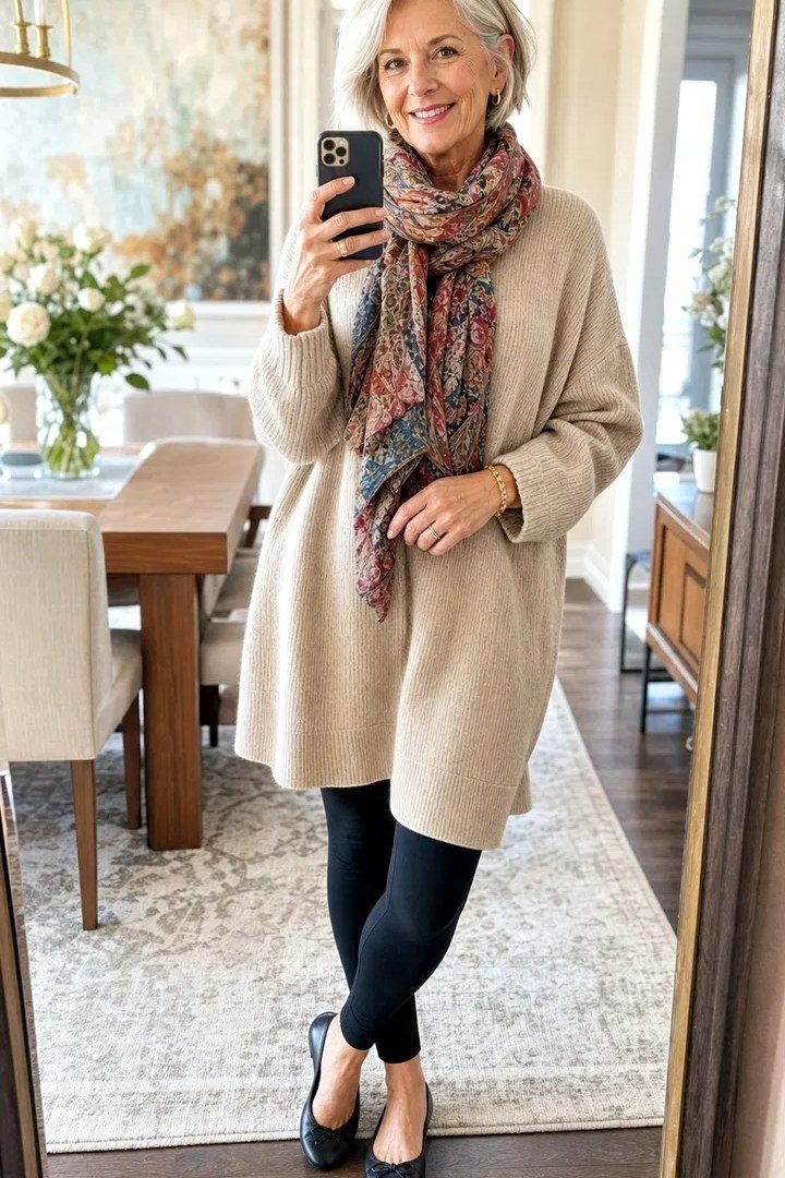 Beige Cardigan with a Colorful Scarf, classic casual outfit for women over 70