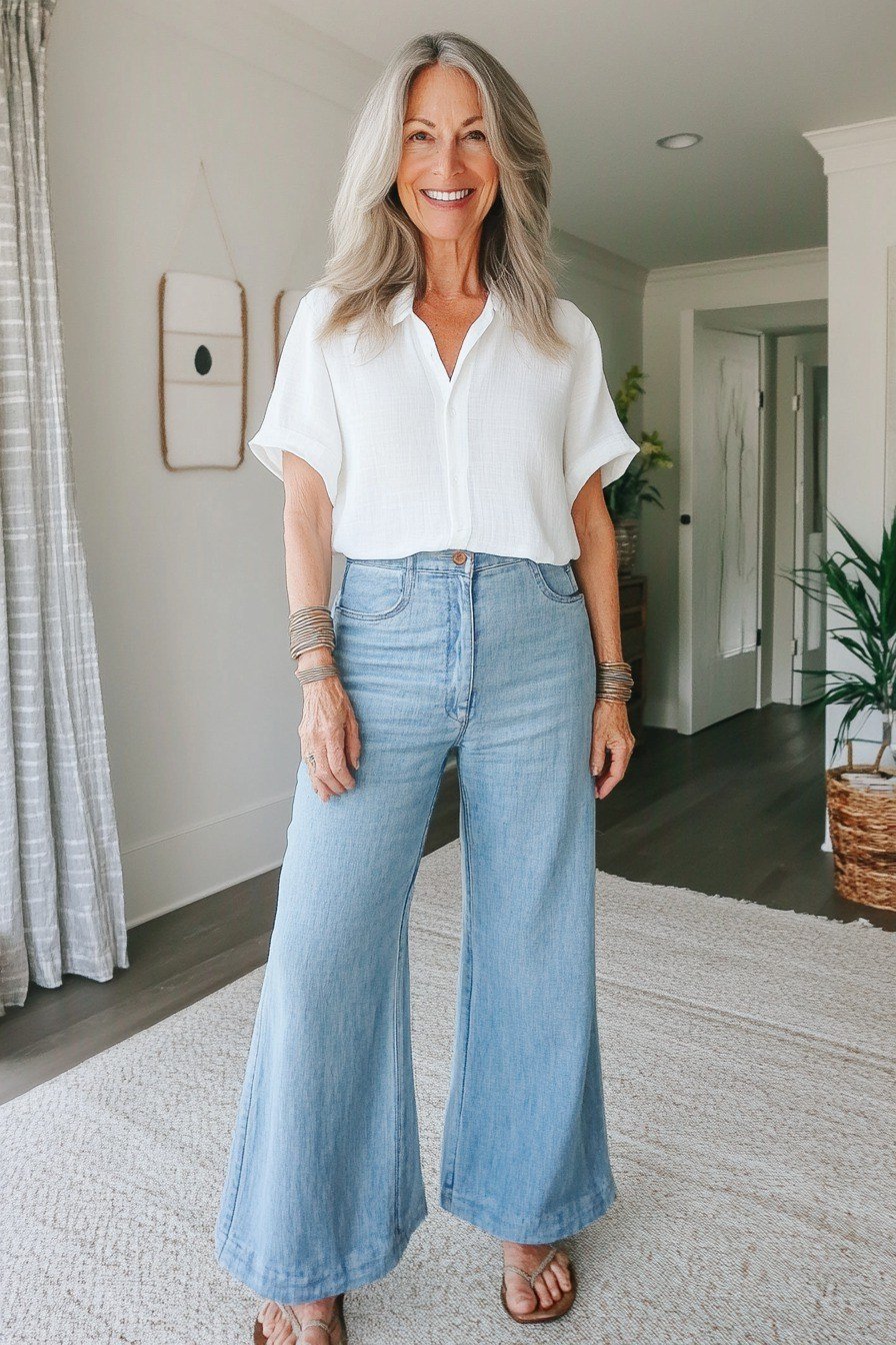 white short sleeve button down light wash wide leg jeans sandals women over 50