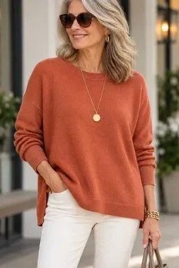 Burnt orange sweater crisp white jeans rust orange sweater white jeans blonde 50s - fall outfit idea for women over 40