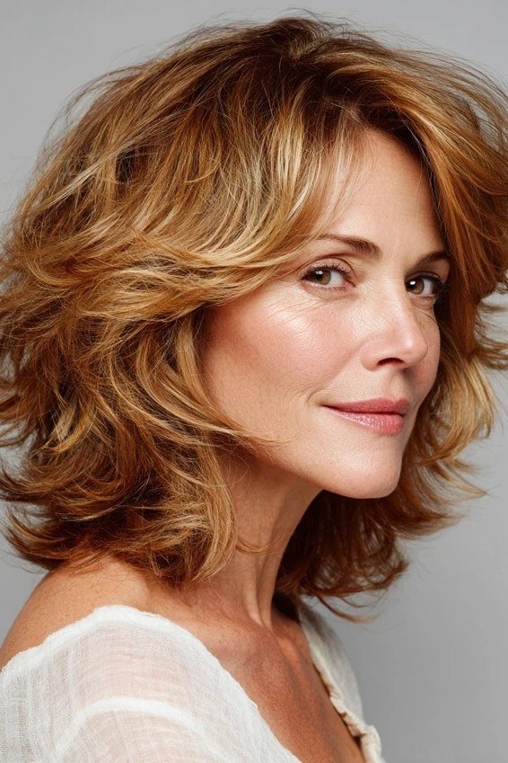 Voluminous Copper Red Shag - medium shag haircut for women over 40