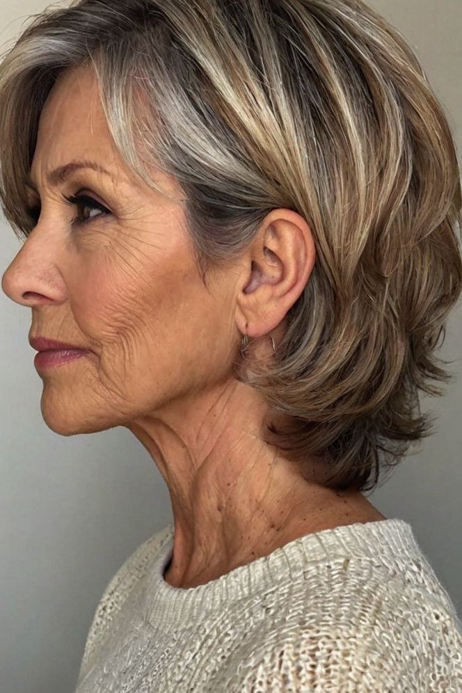 Grey Shoulder-Length Layers in Profile, medium hairstyle for women over 70