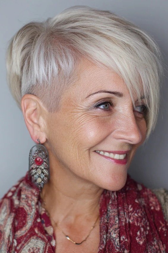 Smiling Silver Pixie with Red Earrings - sassy hairstyle for older women