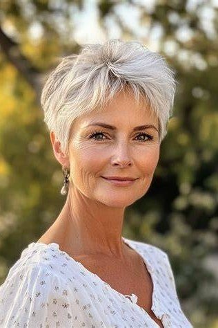 Neat silver pixie haircut with longer top layers for women over 60