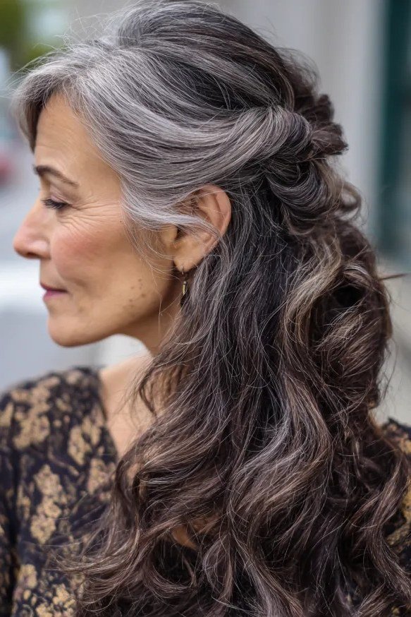 Long dark-gray layered curls for women over 50