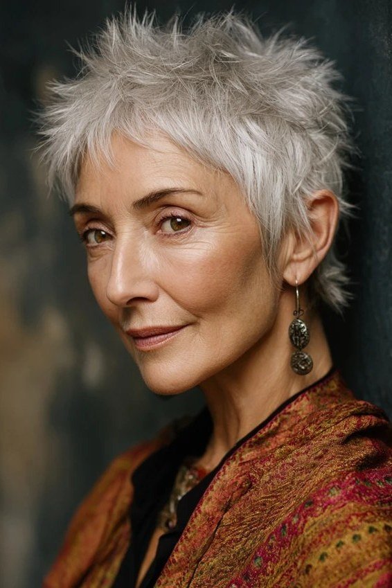 Tousled Spiky White Pixie - bold edgy pixie haircut for women over 50
