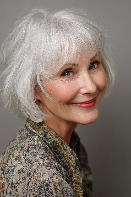 white bob with soft bangs, front, smiling — chin-length layered bob hairstyle for women over 50