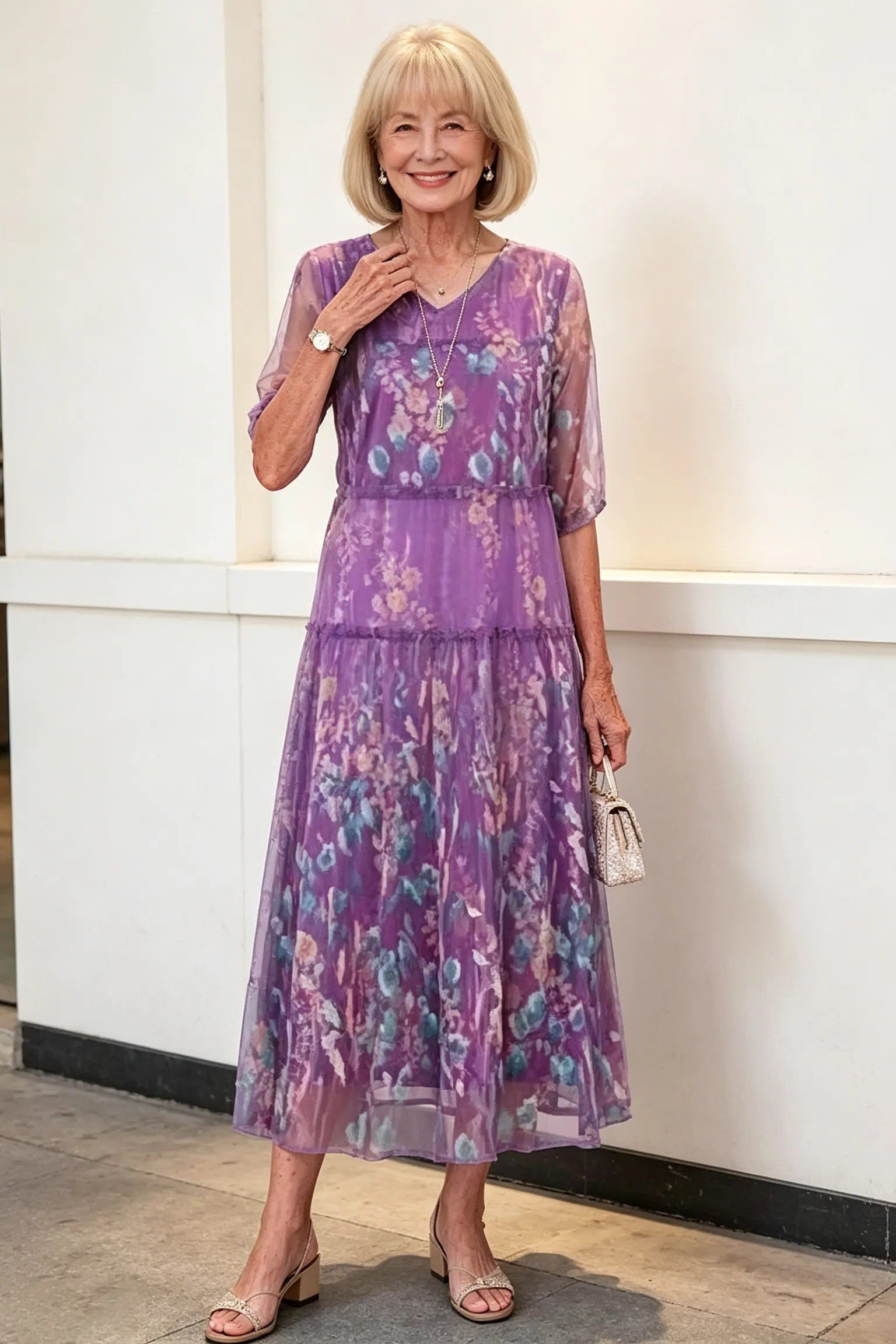 Breezy summer dress for women over 60: blue floral midi with cardigan