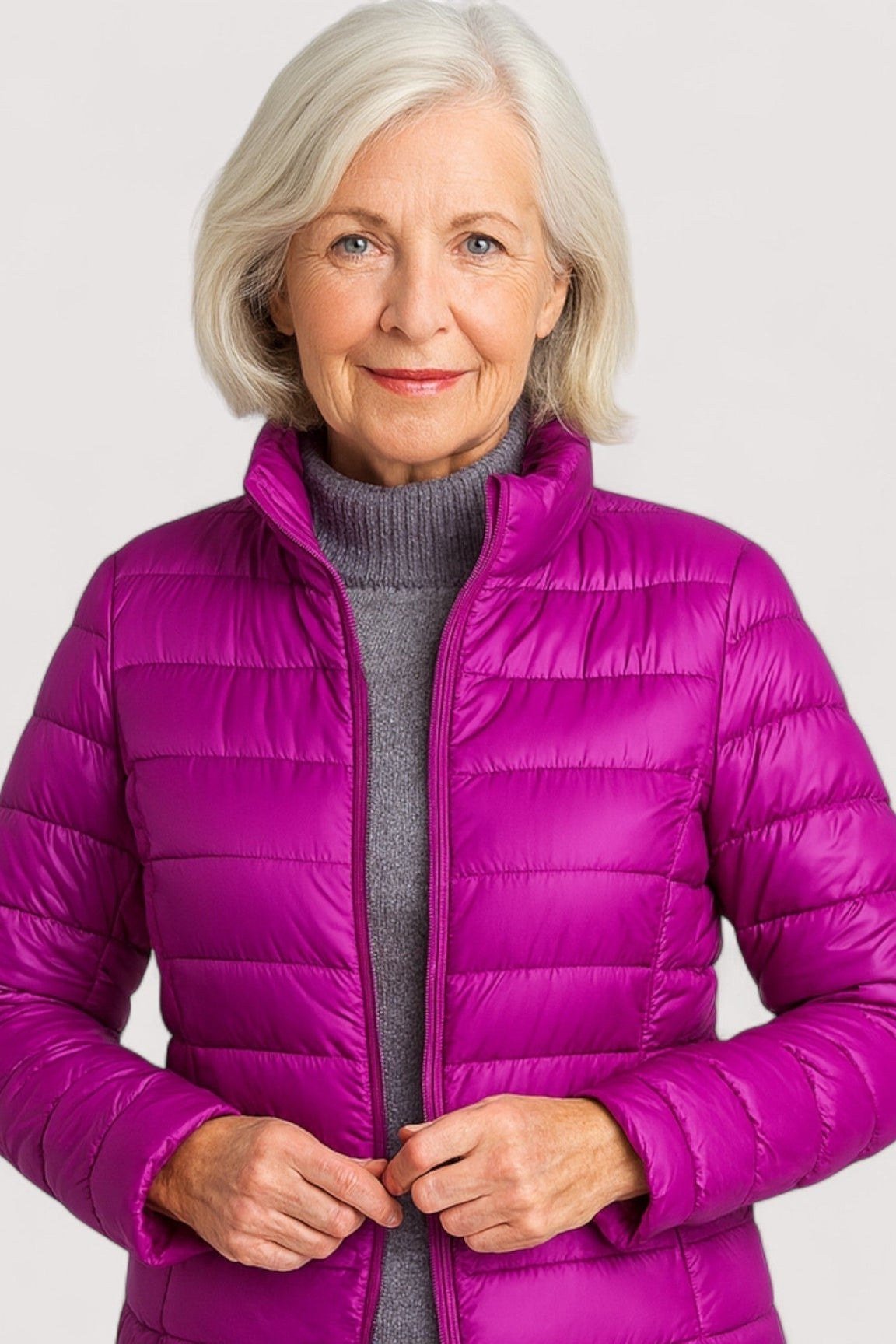 Magenta quilted puffer outfit for women over 60