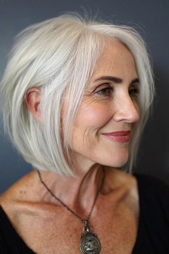 Bright white blunt bob haircut for women over 60