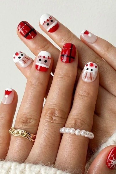 Red Plaid and Snowman Short Nails, fun winter nail idea for women over 60