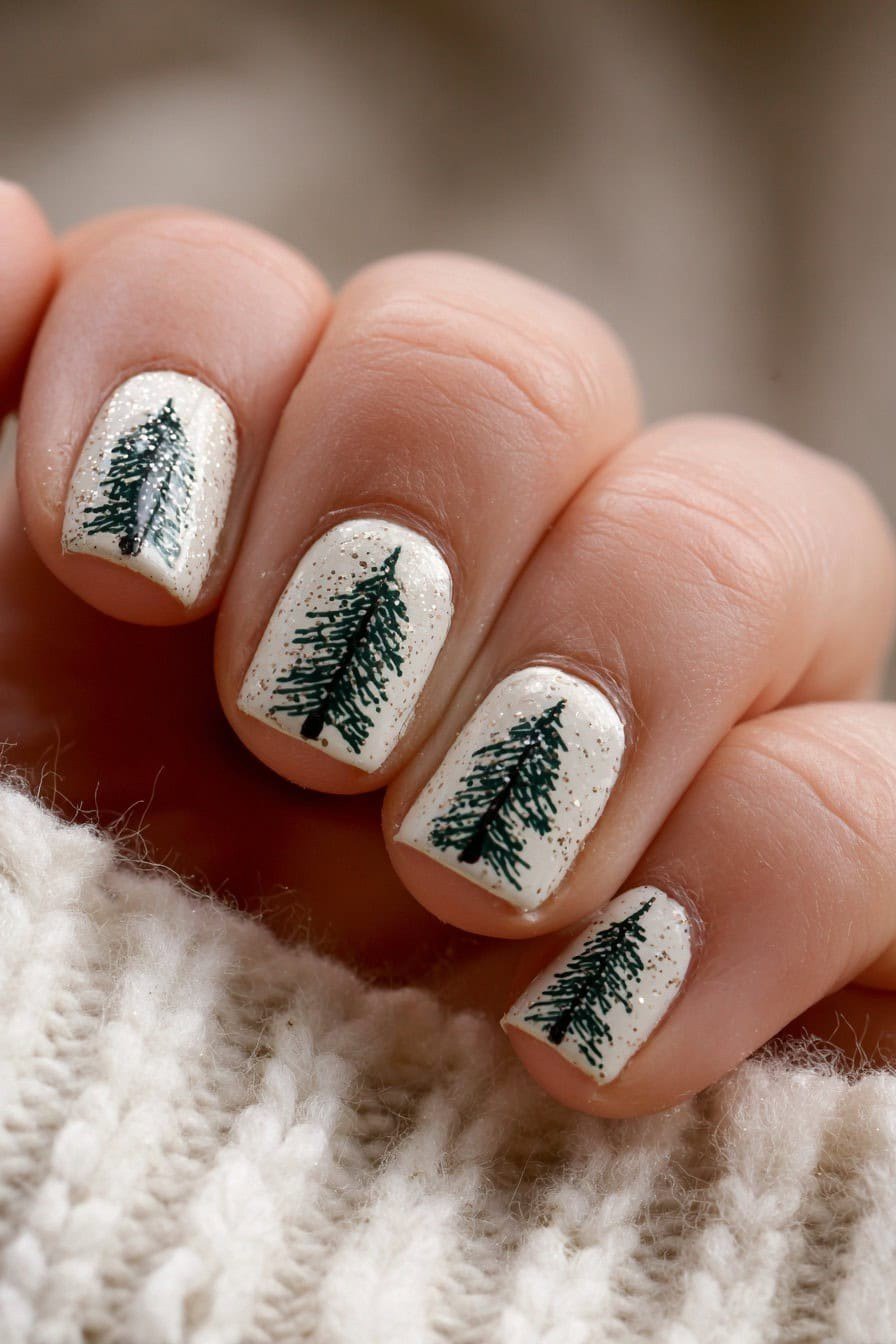 White nails with dark green Christmas tree art - classy Christmas nail idea for women over 70