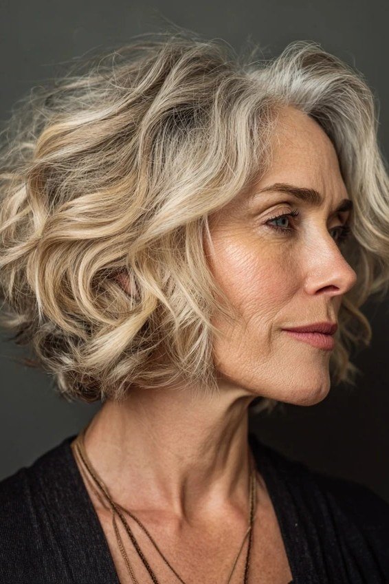 Ash Blonde Tousled Wavy Bob - short wavy bob hairstyle for women over 60