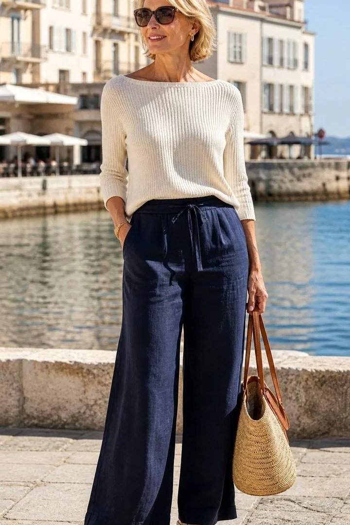 cream knit sweater navy wide leg trousers over 50