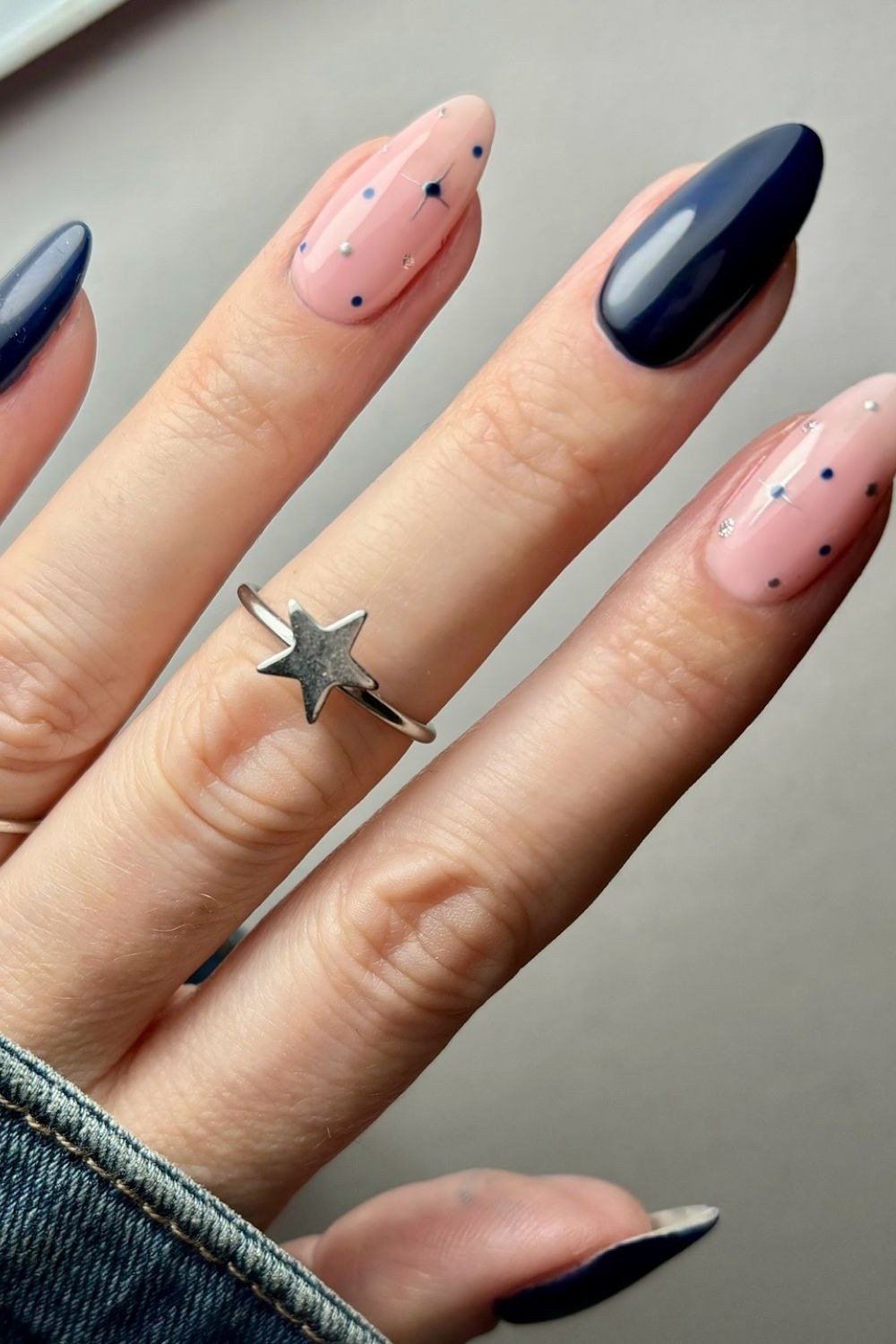 navy and blush pink with tiny dots, star ring