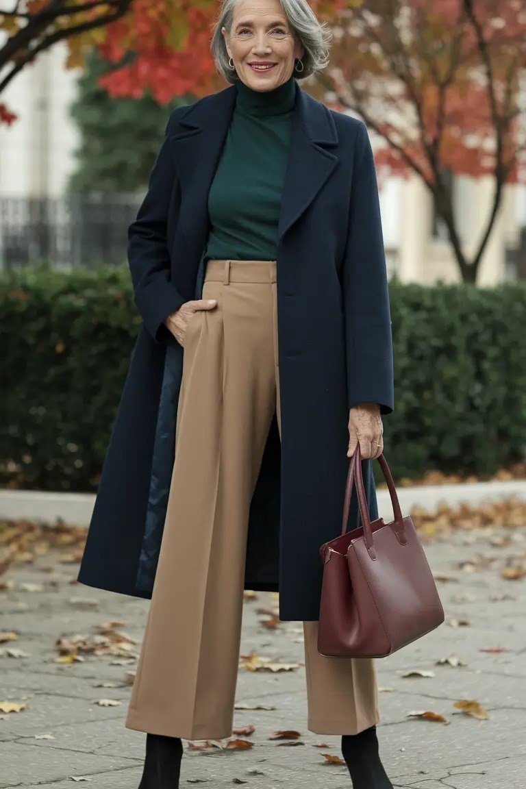 Effortlessly chic fall outfit for women over 60: navy long coat with forest-green turtleneck