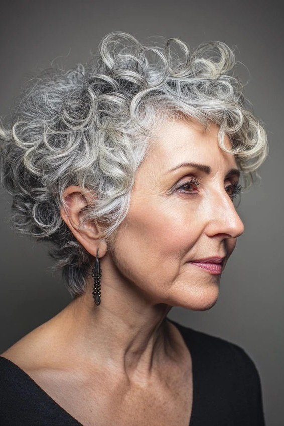 High volume silver curly pixie for women over 60