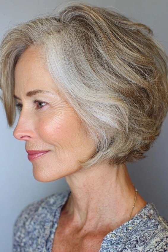 Layered silver bob haircut for women over 50