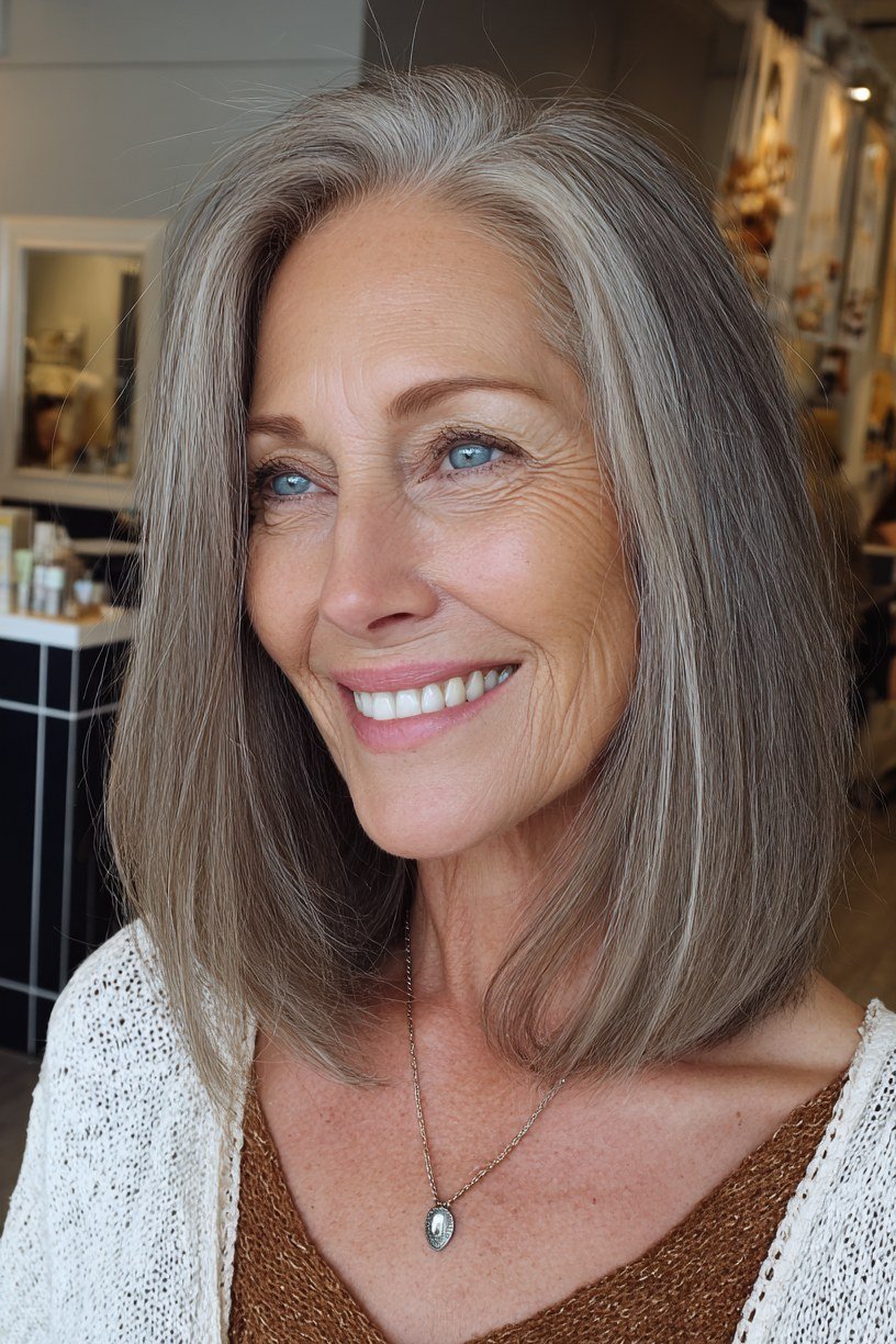 Sleek silver-grey straight layered medium-length hairstyle, front view, for women over 50
