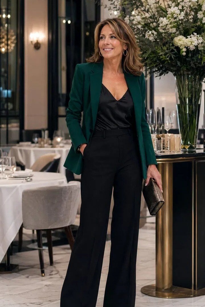 Emerald velvet blazer, black wide-leg pants, evening, chic night out outfit for women over 50