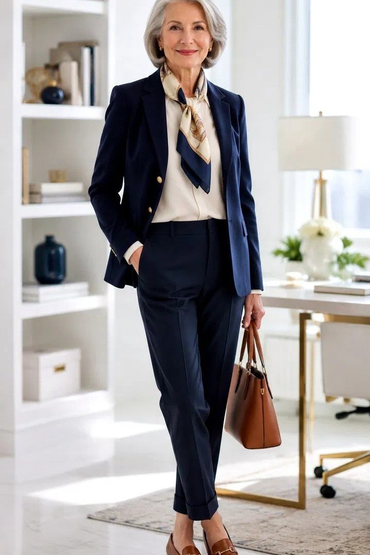 Navy Suit with Silk Scarf and Tan Bag - business outfit for women over 50