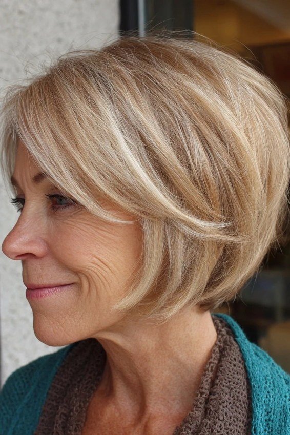 Blonde layered bob side view, teal cardigan, short layered bob hairstyle for women over 60
