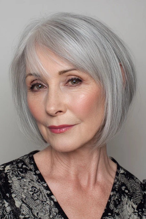 Sleek silver french bob with straight bangs