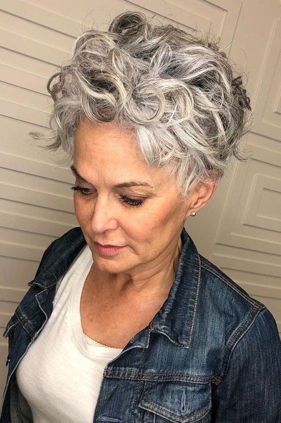 Silver Curly Pixie Bob - short curly hairstyle for women over 60