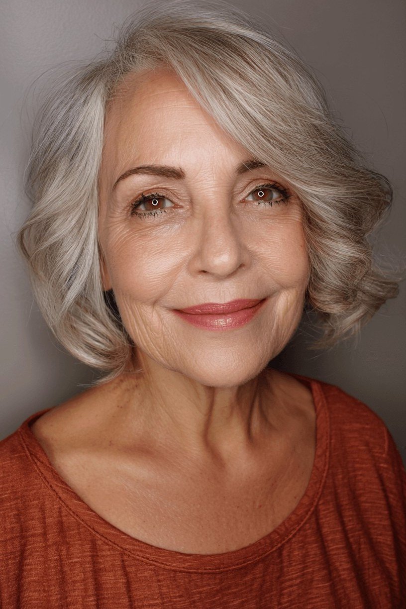 Chin-length silver wavy bob haircut for women over 60