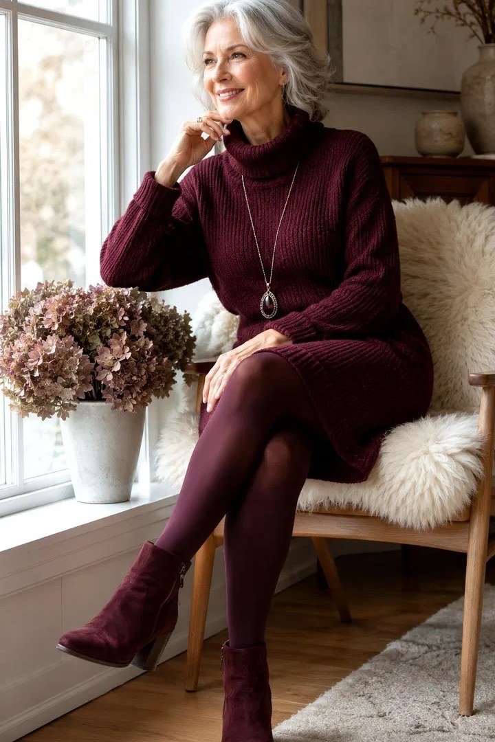 wine turtleneck sweater dress with suede booties for women over 60