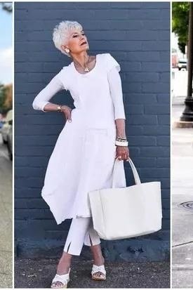 Black and white outfit ideas for women over 50, tailored trousers and knit tops