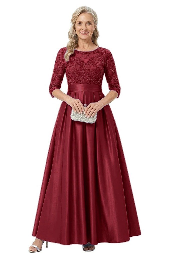 Wine-red satin gown with lace bodice for women over 50, fall date night outfit