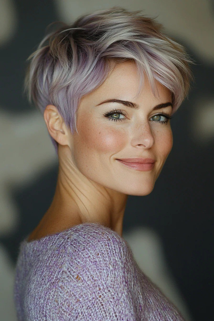Silver lavender pixie, front view, smiling - wispy hairstyle for women over 40