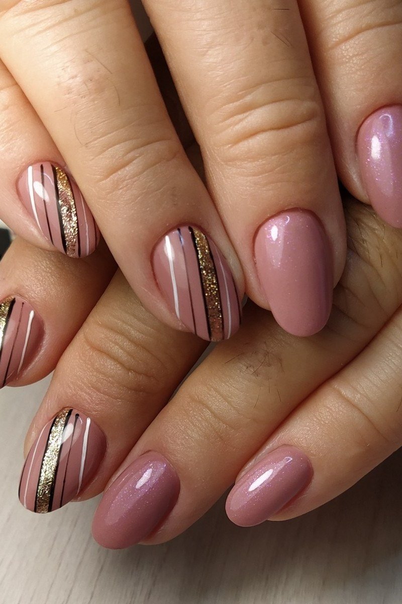 Dusty Rose Nails with Gold Stripes for women over 60