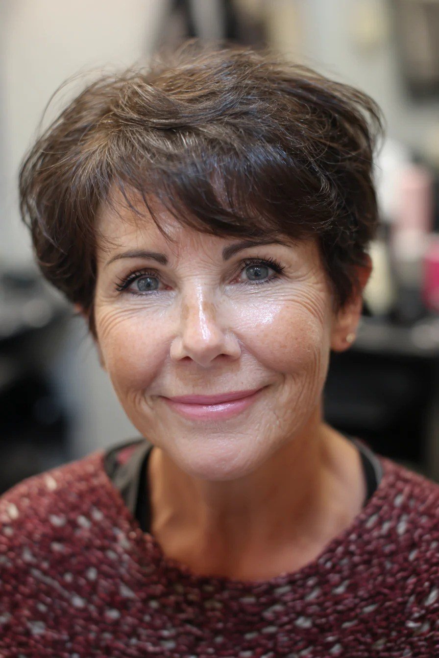Brunette Pixie with Bangs - timeless hairstyle for women over 60