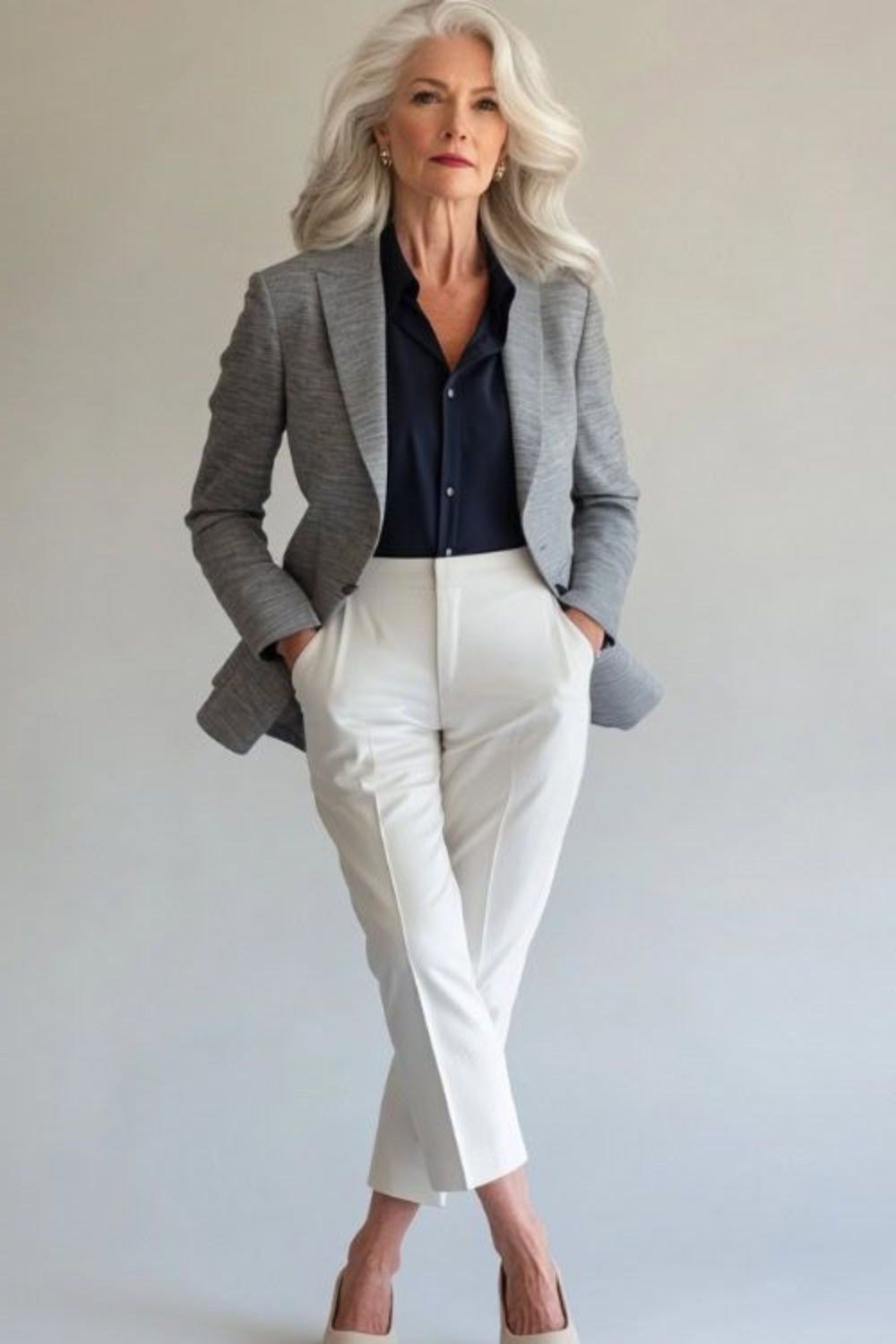 Grey blazer navy top white trousers, silver-haired woman in studio - business casual work outfit for women over 50