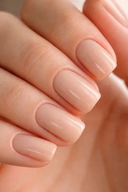 Pale nude square nails close-up