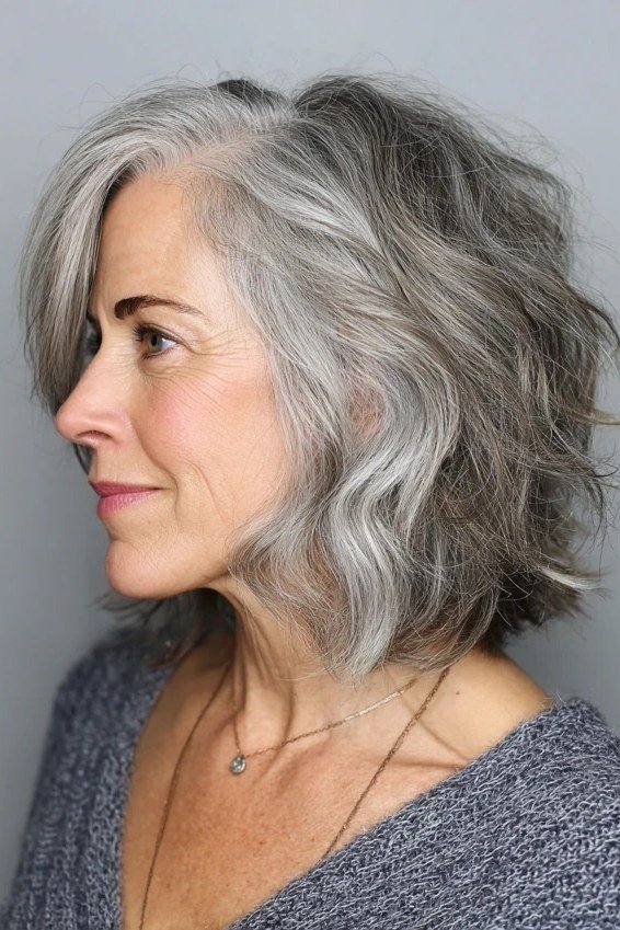 Soft Grey Wavy Bob - curly bob hairstyle for women over 50