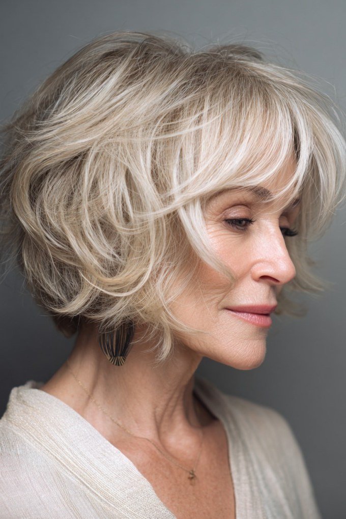 Choppy bob hairstyle for women over 60: blonde choppy bob side view light top