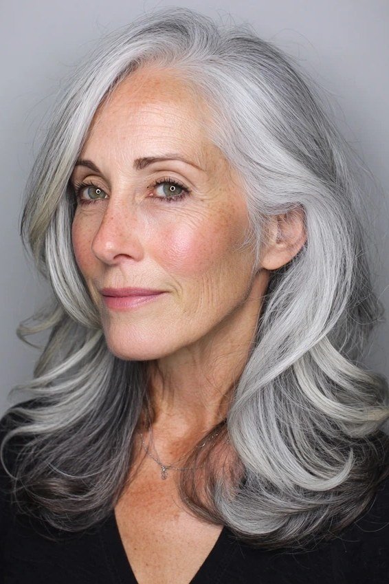 Long silver waves with a straight center part for women over 40