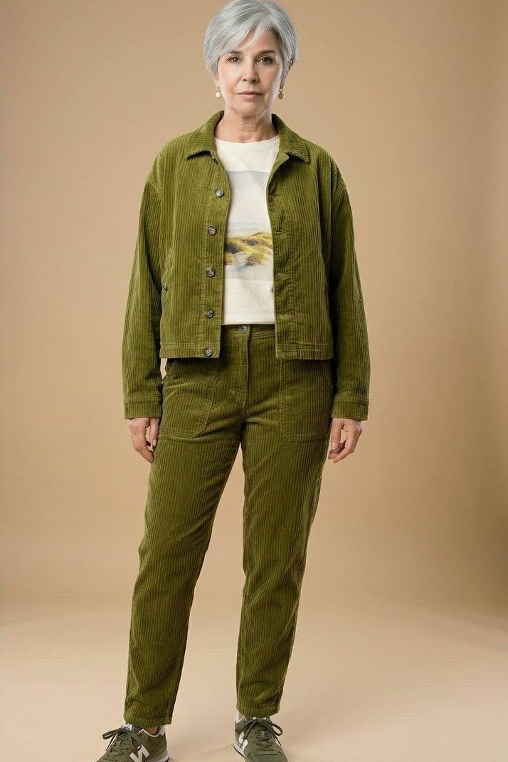 Olive green corduroy jacket with matching trousers and white tee